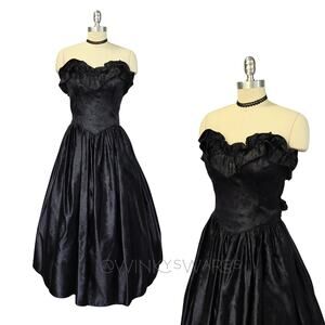Gunne Sax Black Strapless Gothic Midi Dress Size 11 M Wedding Ruffle Vintage 80s